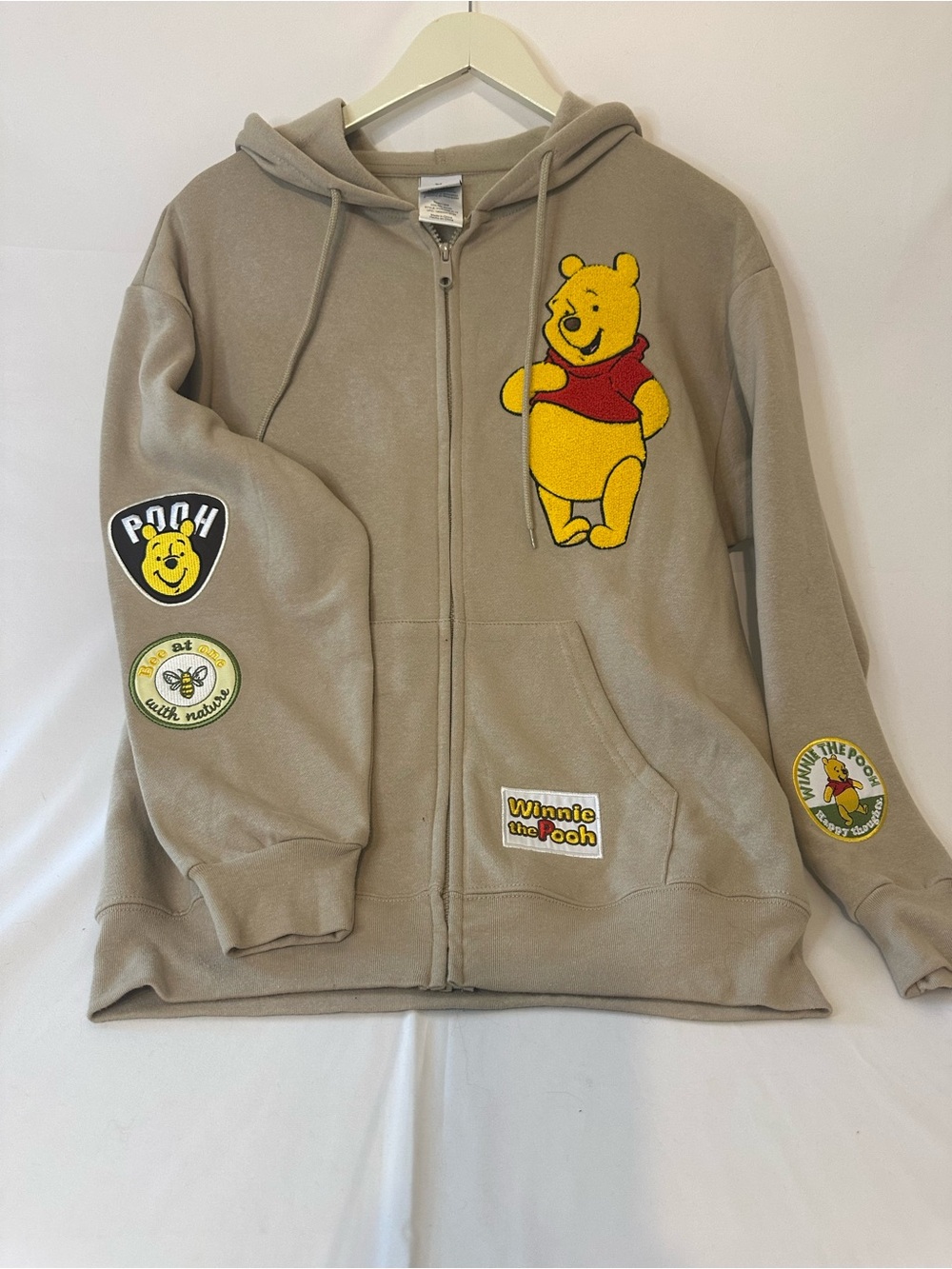 Disney Beige Winnie the Pooh Zip-Up Hoodie with Yellow & Red Applique